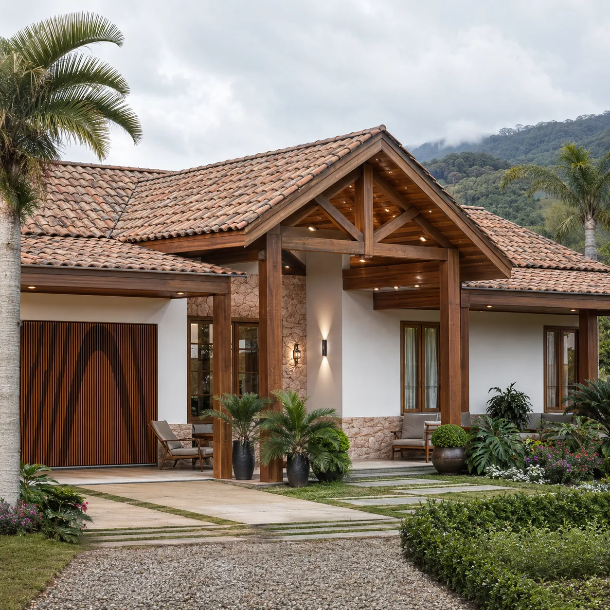 Casa moderna com fachada em madeira e paisagismo tropical