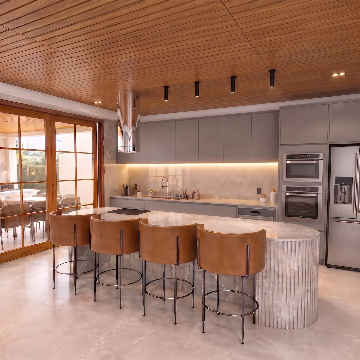 Cozinha contemporânea com ilha e acabamentos em madeira