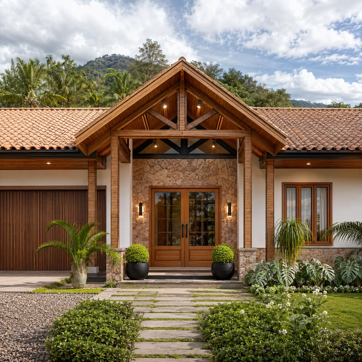 Residência com telhado aparente, varanda e jardim